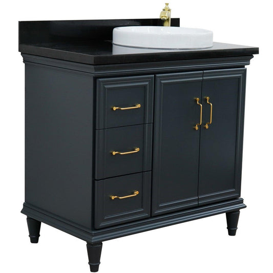 Bellaterra Home Forli 37" 2-Door 3-Drawer Dark Gray Freestanding Vanity Set With Ceramic Right Offset Vessel Sink and Black Galaxy Granite Top, and Right Door Cabinet