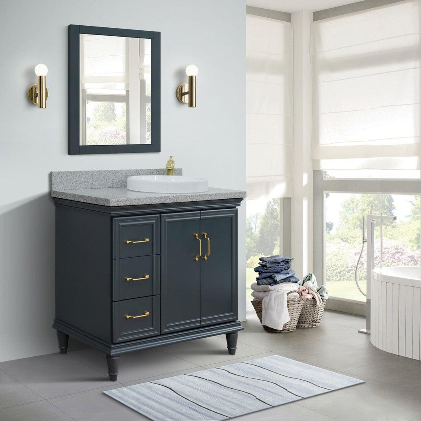 Bellaterra Home Forli 37" 2-Door 3-Drawer Dark Gray Freestanding Vanity Set With Ceramic Right Offset Vessel Sink and Gray Granite Top, and Right Door Cabinet