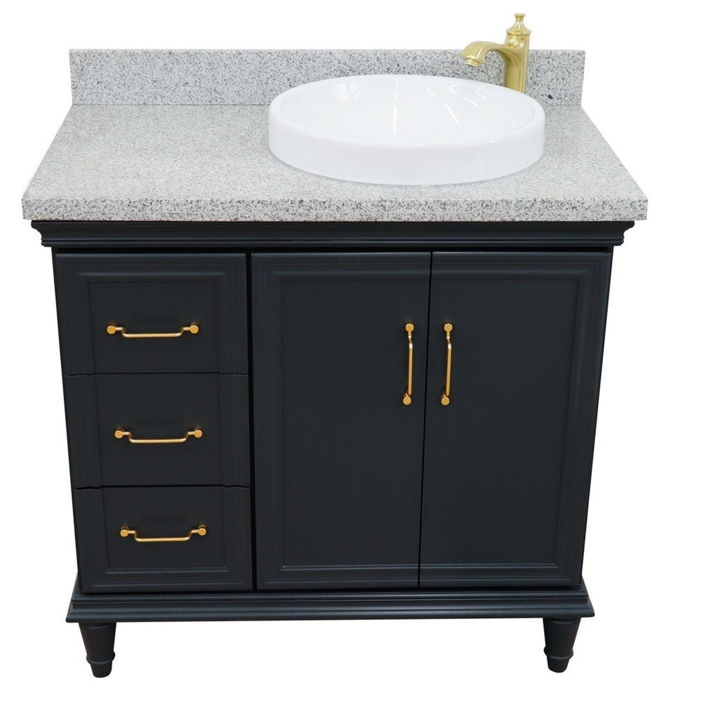 Bellaterra Home Forli 37" 2-Door 3-Drawer Dark Gray Freestanding Vanity Set With Ceramic Right Offset Vessel Sink and Gray Granite Top, and Right Door Cabinet