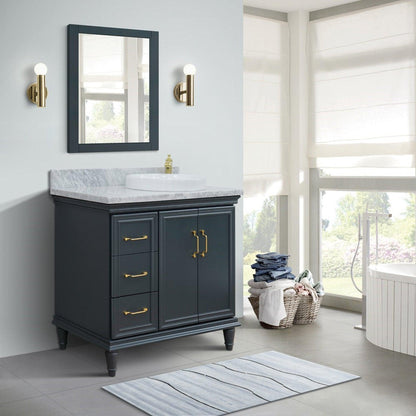 Bellaterra Home Forli 37" 2-Door 3-Drawer Dark Gray Freestanding Vanity Set With Ceramic Right Offset Vessel Sink and White Carrara Marble Top, and Right Door Cabinet