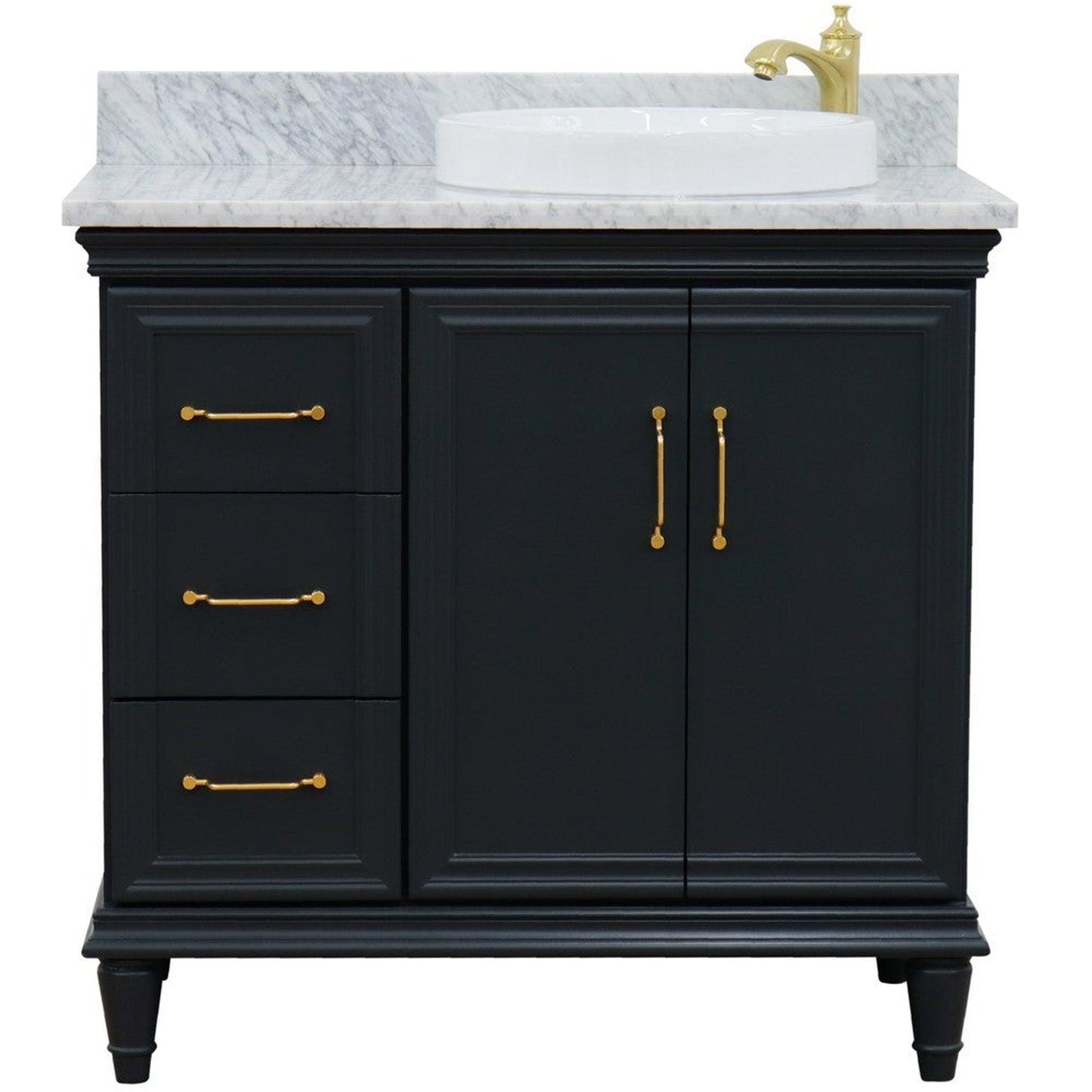 Bellaterra Home Forli 37" 2-Door 3-Drawer Dark Gray Freestanding Vanity Set With Ceramic Right Offset Vessel Sink and White Carrara Marble Top, and Right Door Cabinet