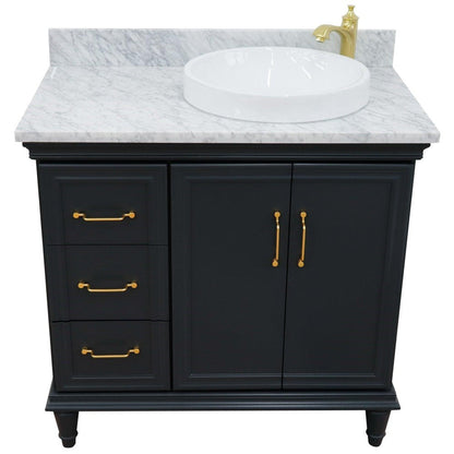 Bellaterra Home Forli 37" 2-Door 3-Drawer Dark Gray Freestanding Vanity Set With Ceramic Right Offset Vessel Sink and White Carrara Marble Top, and Right Door Cabinet