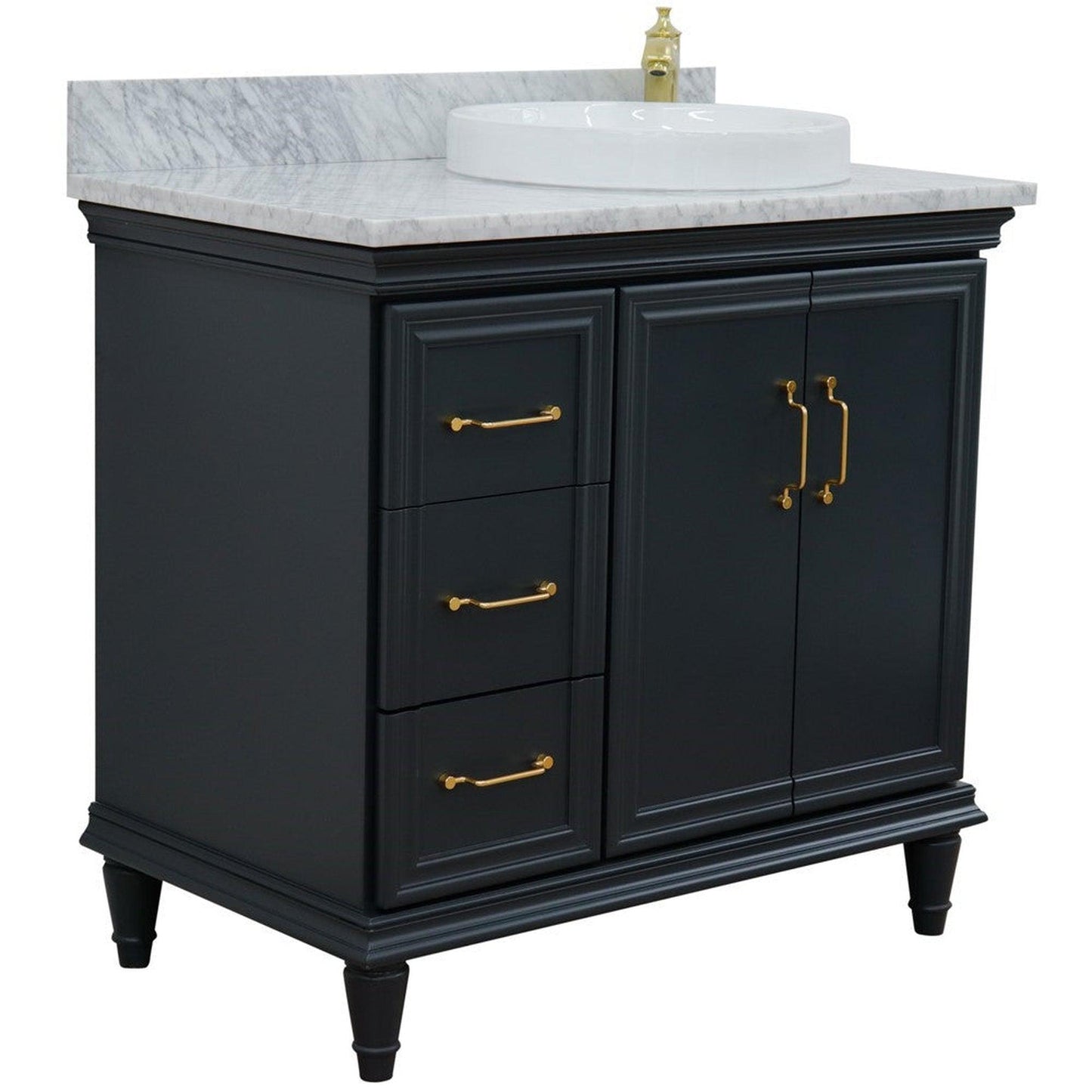 Bellaterra Home Forli 37" 2-Door 3-Drawer Dark Gray Freestanding Vanity Set With Ceramic Right Offset Vessel Sink and White Carrara Marble Top, and Right Door Cabinet