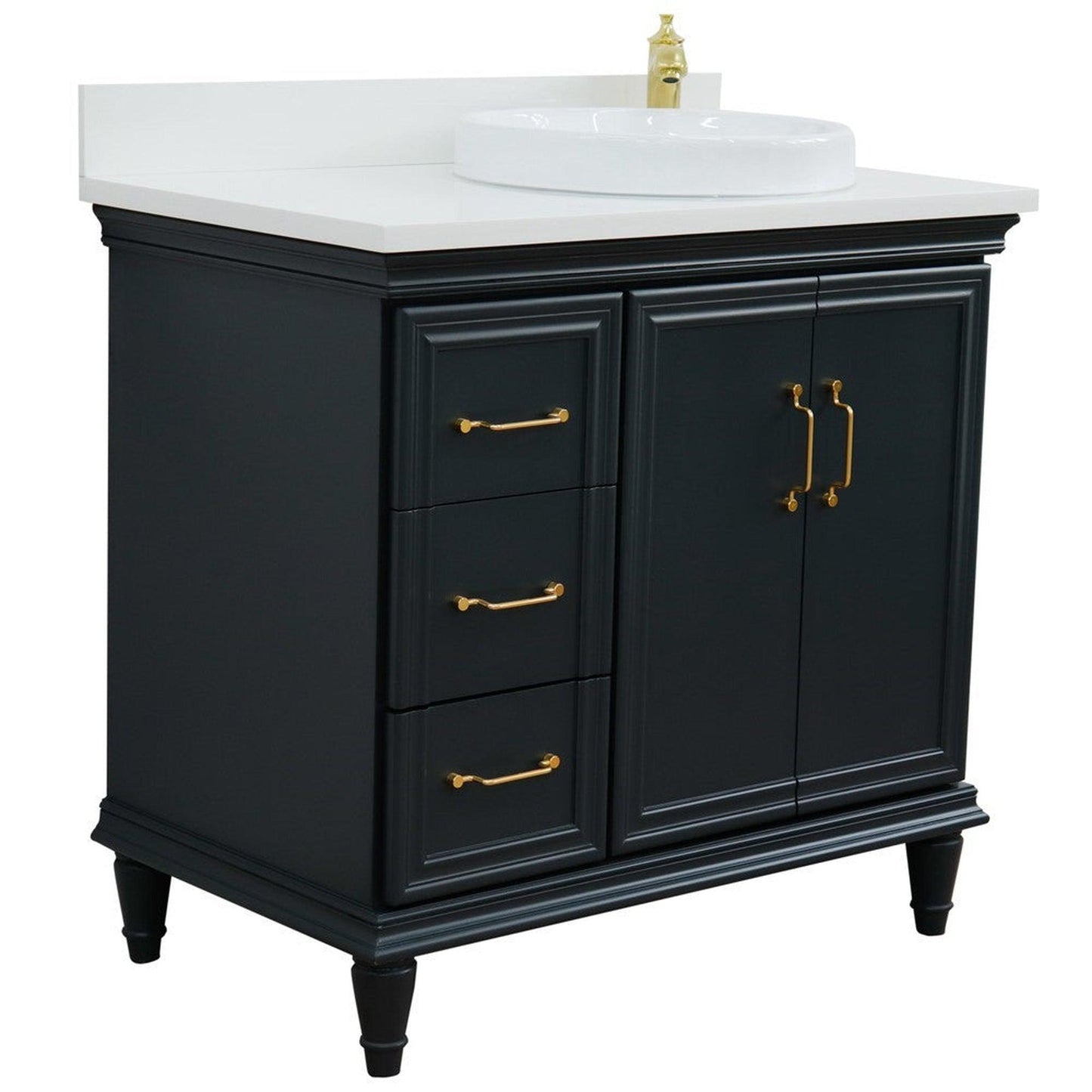 Bellaterra Home Forli 37" 2-Door 3-Drawer Dark Gray Freestanding Vanity Set With Ceramic Right Offset Vessel Sink and White Quartz Top, and Right Door Cabinet