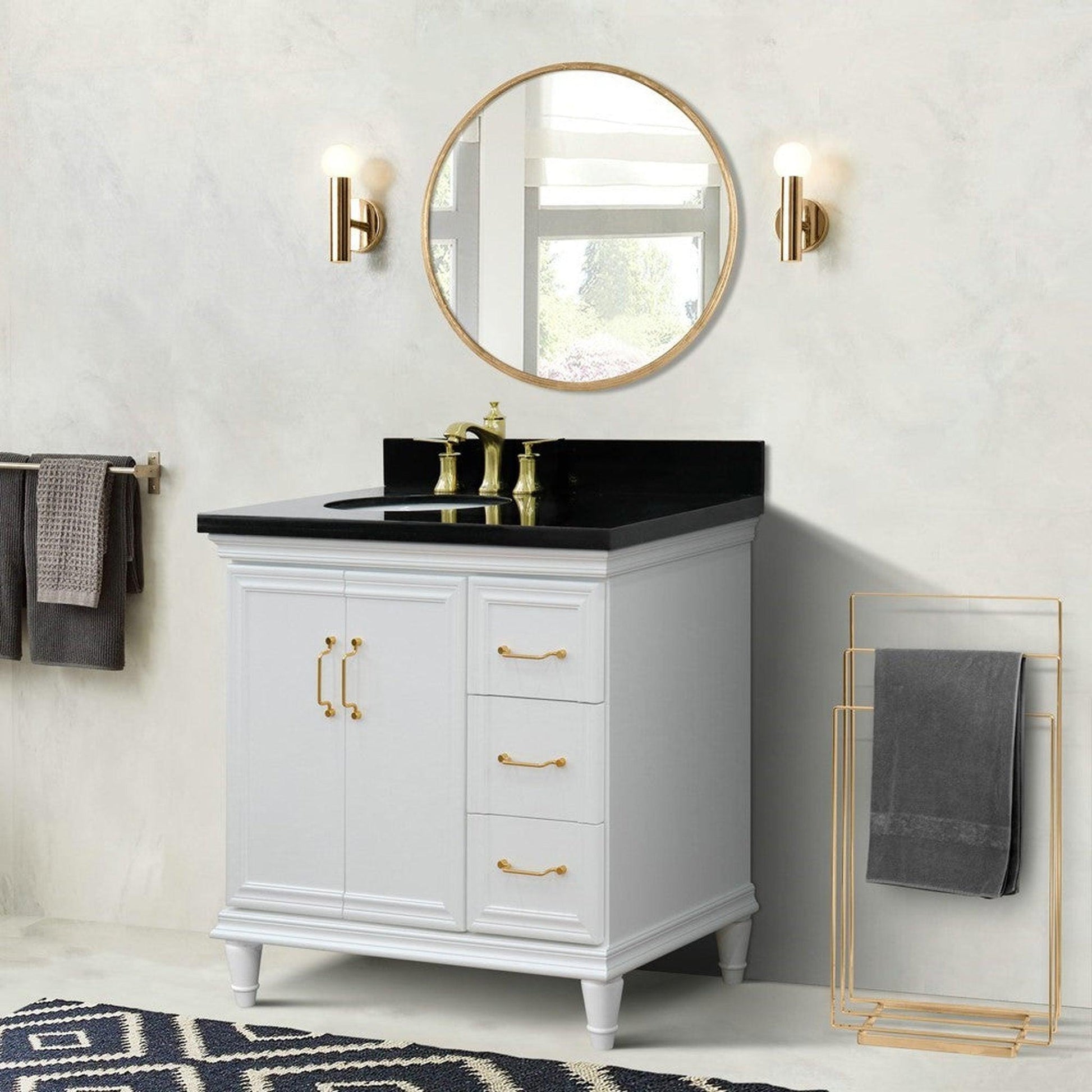 Bellaterra Home Forli 37" 2-Door 3-Drawer White Freestanding Vanity Set With Ceramic Left Offset Undermount Oval Sink and Black Galaxy Granite Top, and Left Door Cabinet