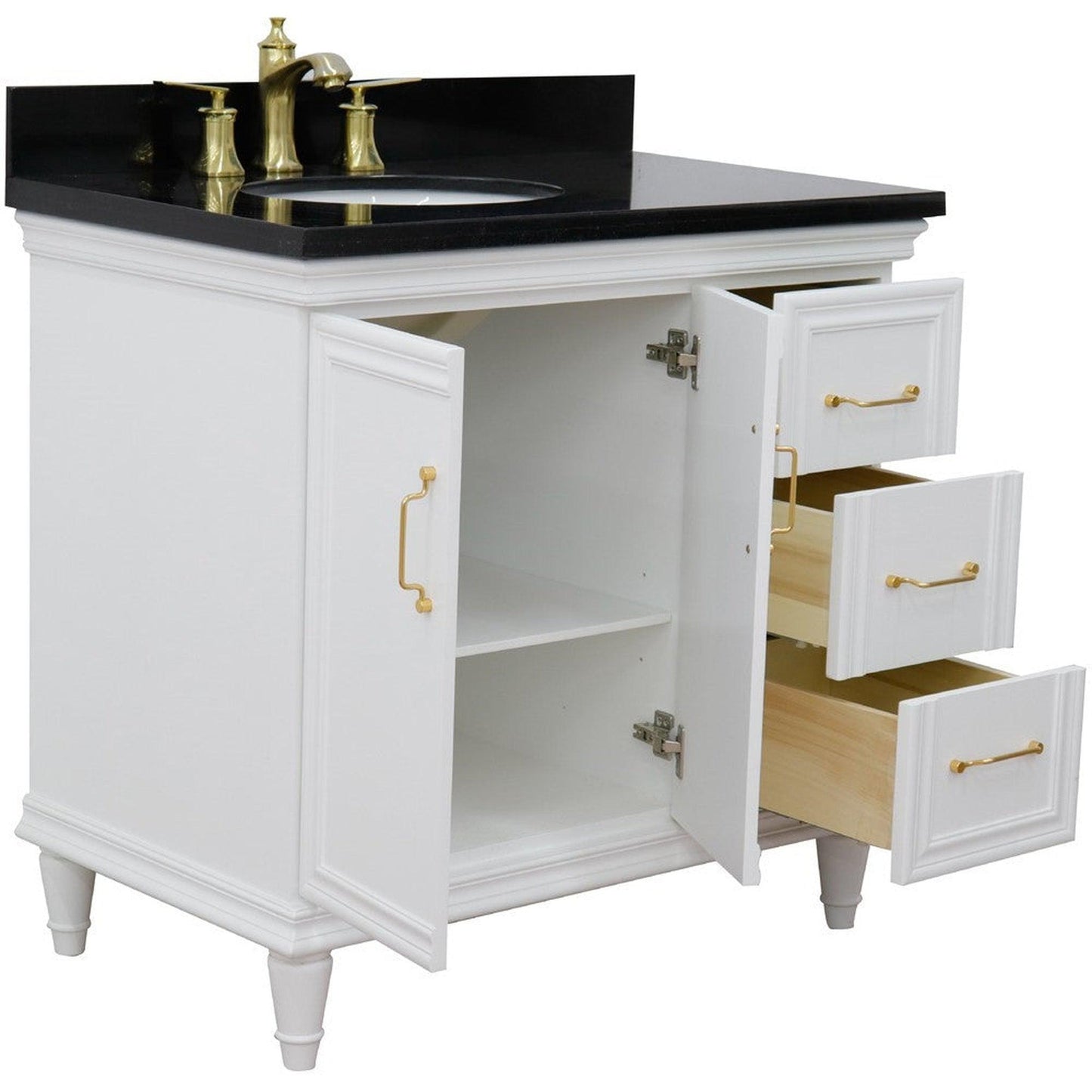 Bellaterra Home Forli 37" 2-Door 3-Drawer White Freestanding Vanity Set With Ceramic Left Offset Undermount Oval Sink and Black Galaxy Granite Top, and Left Door Cabinet