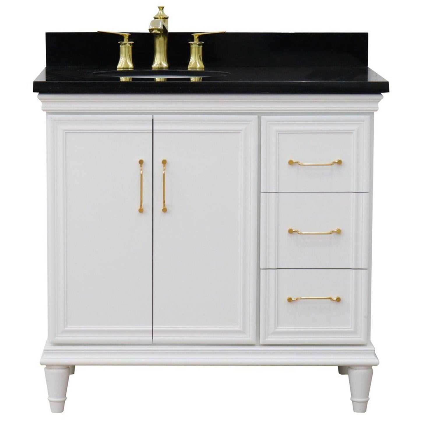 Bellaterra Home Forli 37" 2-Door 3-Drawer White Freestanding Vanity Set With Ceramic Left Offset Undermount Oval Sink and Black Galaxy Granite Top, and Left Door Cabinet