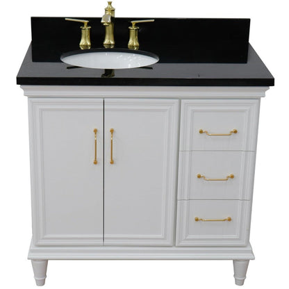 Bellaterra Home Forli 37" 2-Door 3-Drawer White Freestanding Vanity Set With Ceramic Left Offset Undermount Oval Sink and Black Galaxy Granite Top, and Left Door Cabinet