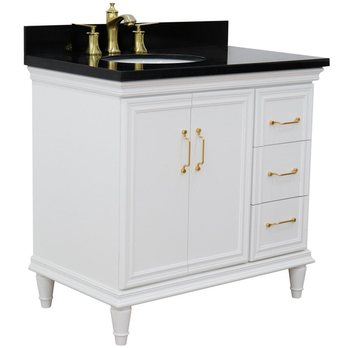 Bellaterra Home Forli 37" 2-Door 3-Drawer White Freestanding Vanity Set With Ceramic Left Offset Undermount Oval Sink and Black Galaxy Granite Top, and Left Door Cabinet