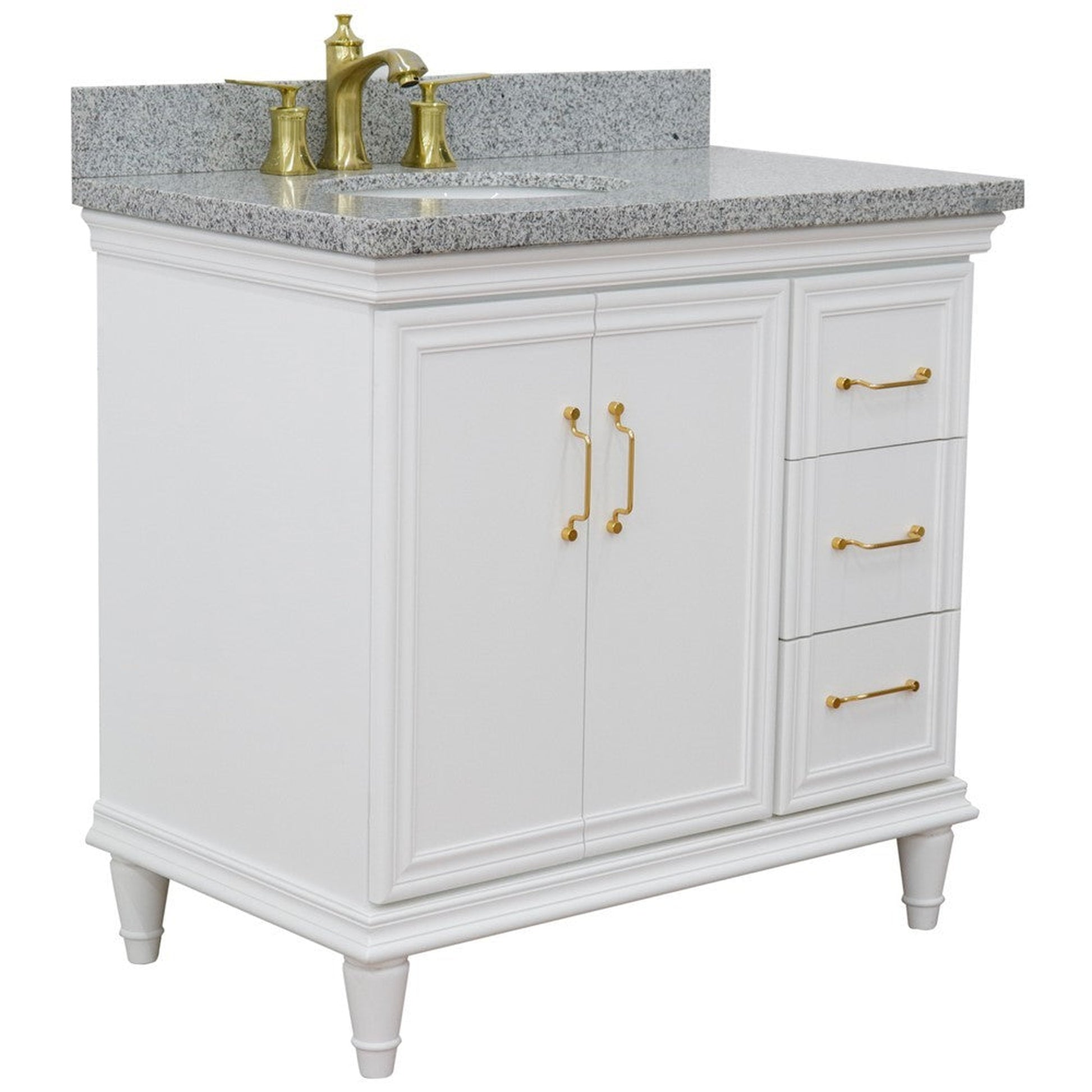 Bellaterra Home Forli 37" 2-Door 3-Drawer White Freestanding Vanity Set With Ceramic Left Offset Undermount Oval Sink and Gray Granite Top, and Left Door Cabinet