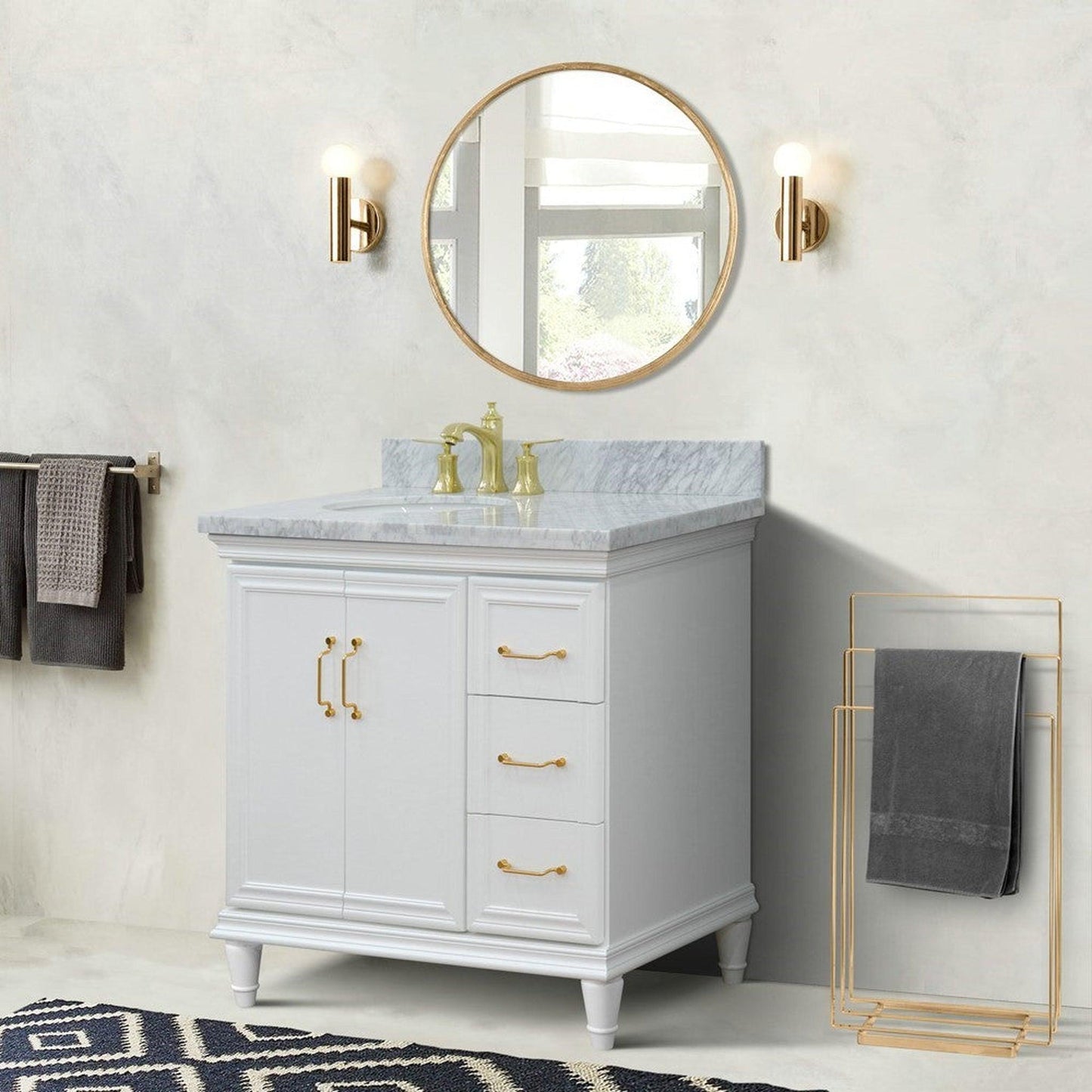 Bellaterra Home Forli 37" 2-Door 3-Drawer White Freestanding Vanity Set With Ceramic Left Offset Undermount Oval Sink and White Carrara Marble Top, and Left Door Cabinet