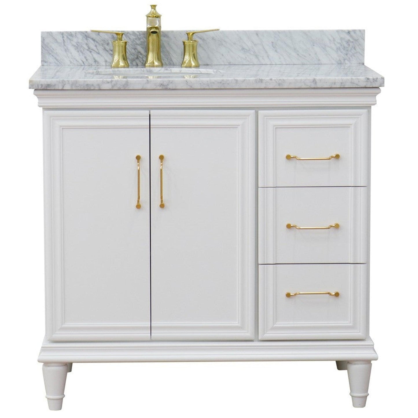 Bellaterra Home Forli 37" 2-Door 3-Drawer White Freestanding Vanity Set With Ceramic Left Offset Undermount Oval Sink and White Carrara Marble Top, and Left Door Cabinet