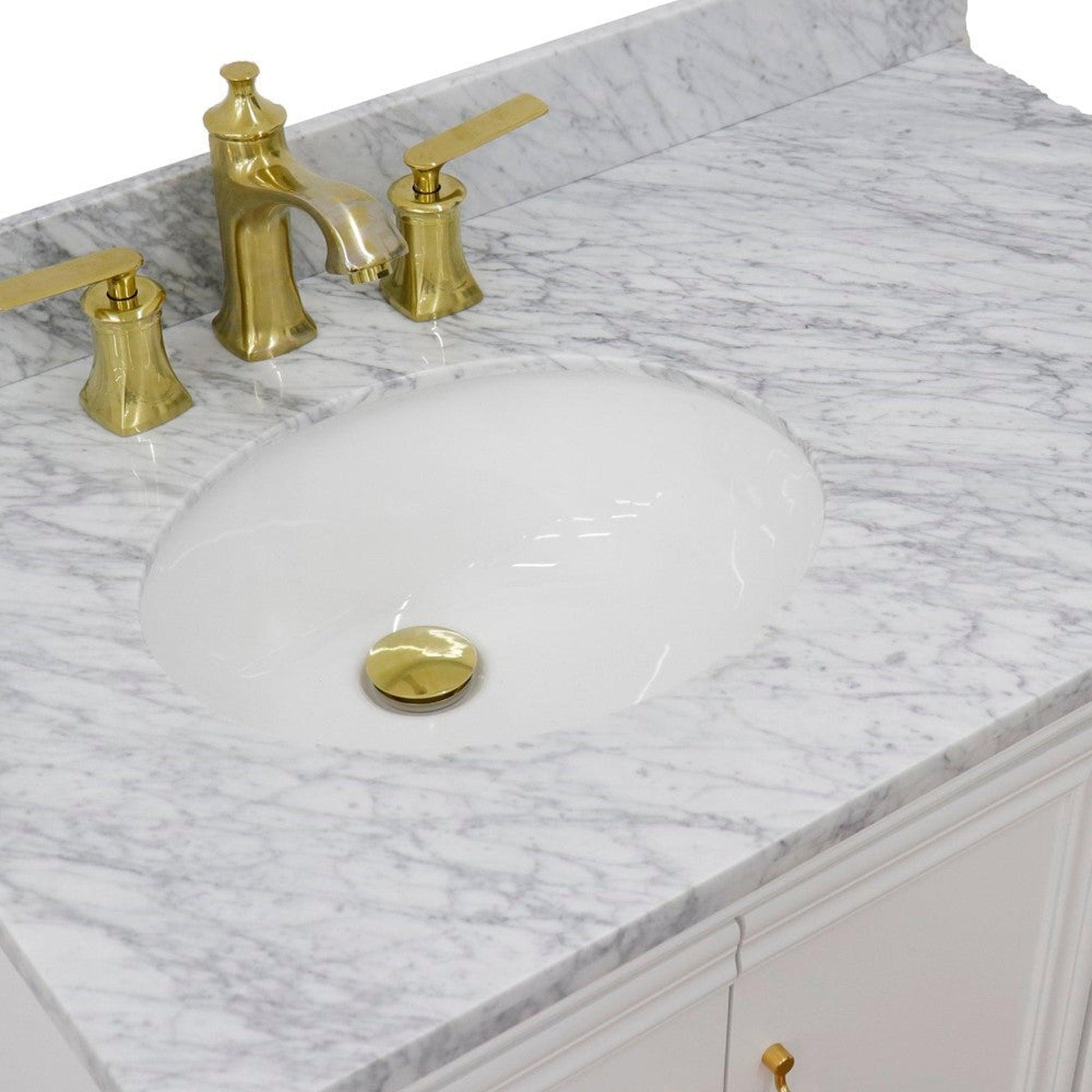 Bellaterra Home Forli 37" 2-Door 3-Drawer White Freestanding Vanity Set With Ceramic Left Offset Undermount Oval Sink and White Carrara Marble Top, and Left Door Cabinet