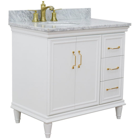 Bellaterra Home Forli 37" 2-Door 3-Drawer White Freestanding Vanity Set With Ceramic Left Offset Undermount Oval Sink and White Carrara Marble Top, and Left Door Cabinet