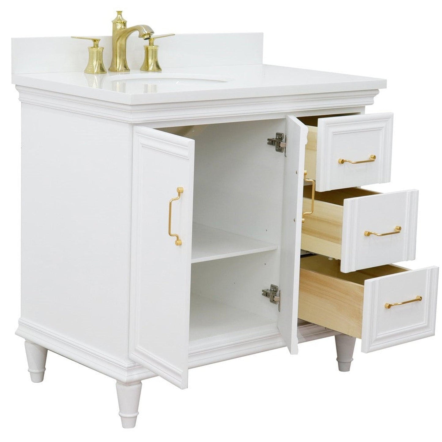 Bellaterra Home Forli 37" 2-Door 3-Drawer White Freestanding Vanity Set With Ceramic Left Offset Undermount Oval Sink and White Quartz Top, and Left Door Cabinet