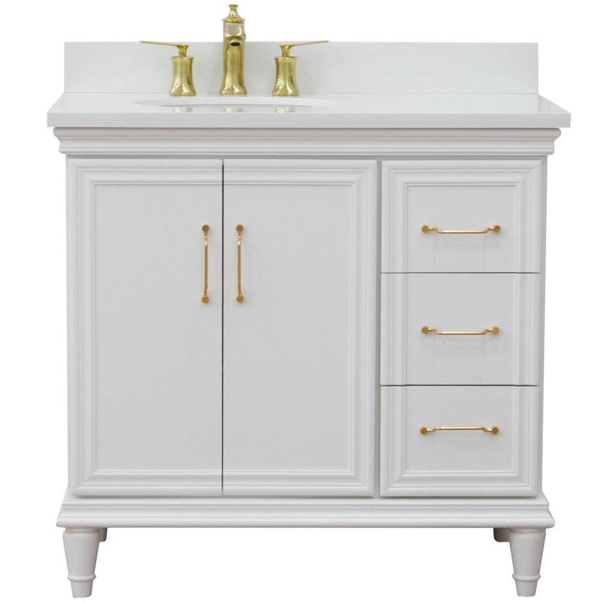 Bellaterra Home Forli 37" 2-Door 3-Drawer White Freestanding Vanity Set With Ceramic Left Offset Undermount Oval Sink and White Quartz Top, and Left Door Cabinet