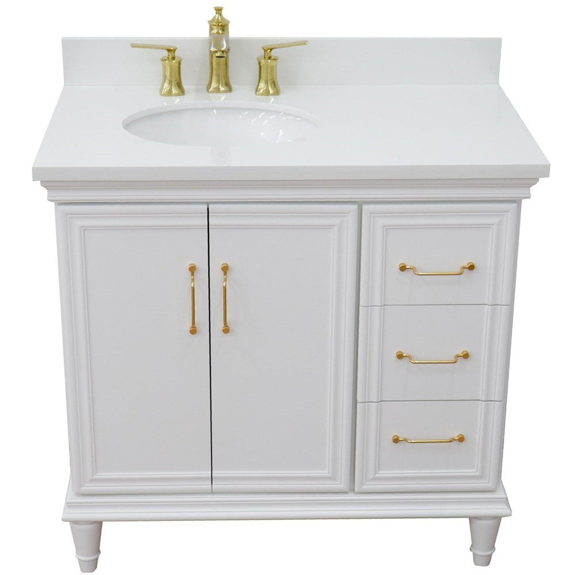 Bellaterra Home Forli 37" 2-Door 3-Drawer White Freestanding Vanity Set With Ceramic Left Offset Undermount Oval Sink and White Quartz Top, and Left Door Cabinet