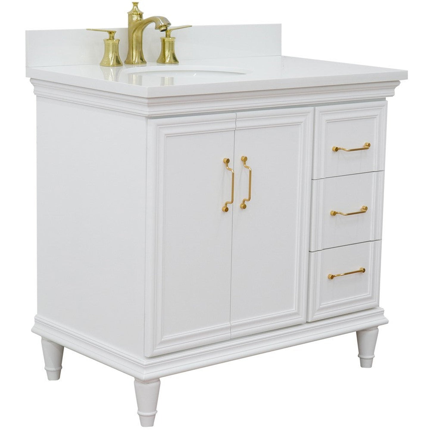 Bellaterra Home Forli 37" 2-Door 3-Drawer White Freestanding Vanity Set With Ceramic Left Offset Undermount Oval Sink and White Quartz Top, and Left Door Cabinet