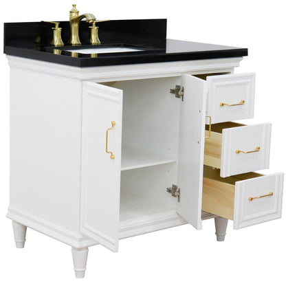 Bellaterra Home Forli 37" 2-Door 3-Drawer White Freestanding Vanity Set With Ceramic Left Offset Undermount Rectangular Sink and Black Galaxy Granite Top, and Left Door Cabinet