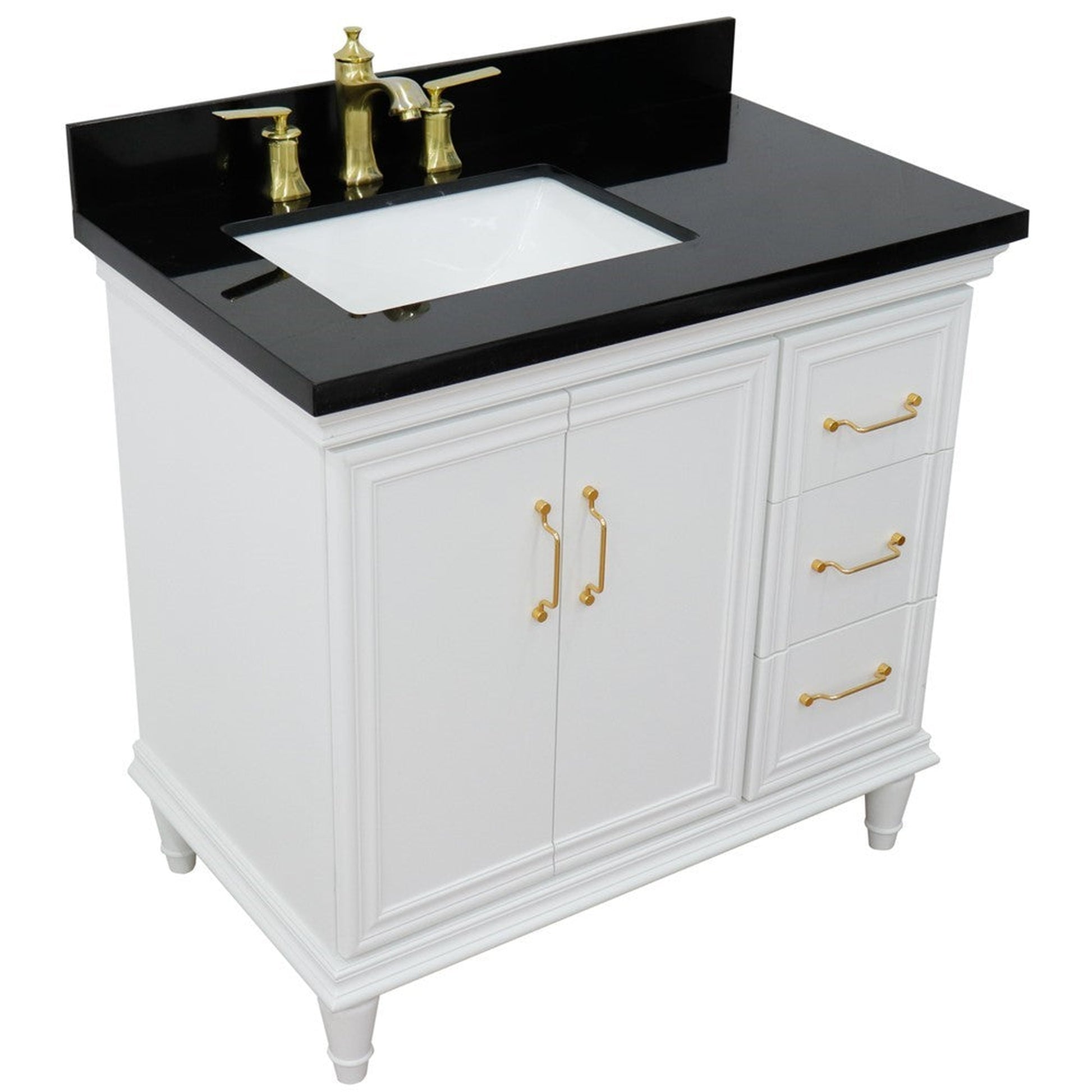 Bellaterra Home Forli 37" 2-Door 3-Drawer White Freestanding Vanity Set With Ceramic Left Offset Undermount Rectangular Sink and Black Galaxy Granite Top, and Left Door Cabinet