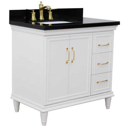 Bellaterra Home Forli 37" 2-Door 3-Drawer White Freestanding Vanity Set With Ceramic Left Offset Undermount Rectangular Sink and Black Galaxy Granite Top, and Left Door Cabinet