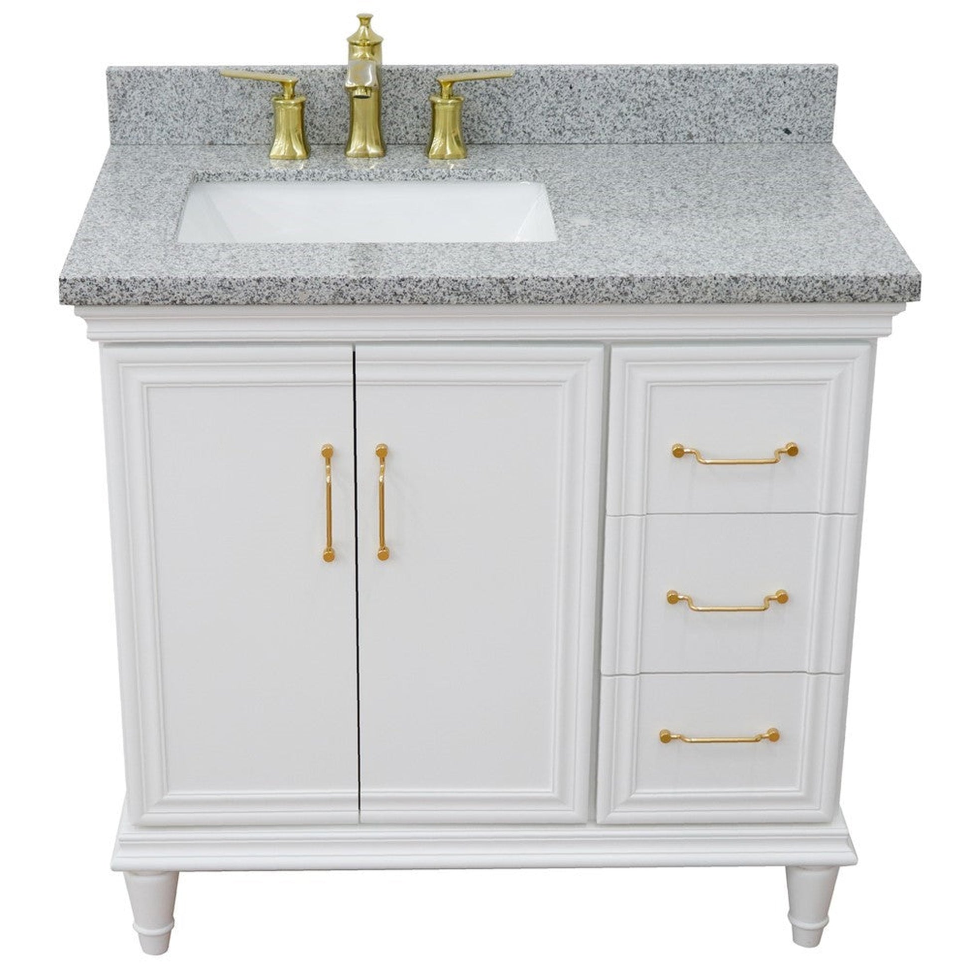 Bellaterra Home Forli 37" 2-Door 3-Drawer White Freestanding Vanity Set With Ceramic Left Offset Undermount Rectangular Sink and Gray Granite Top, and Left Door Cabinet