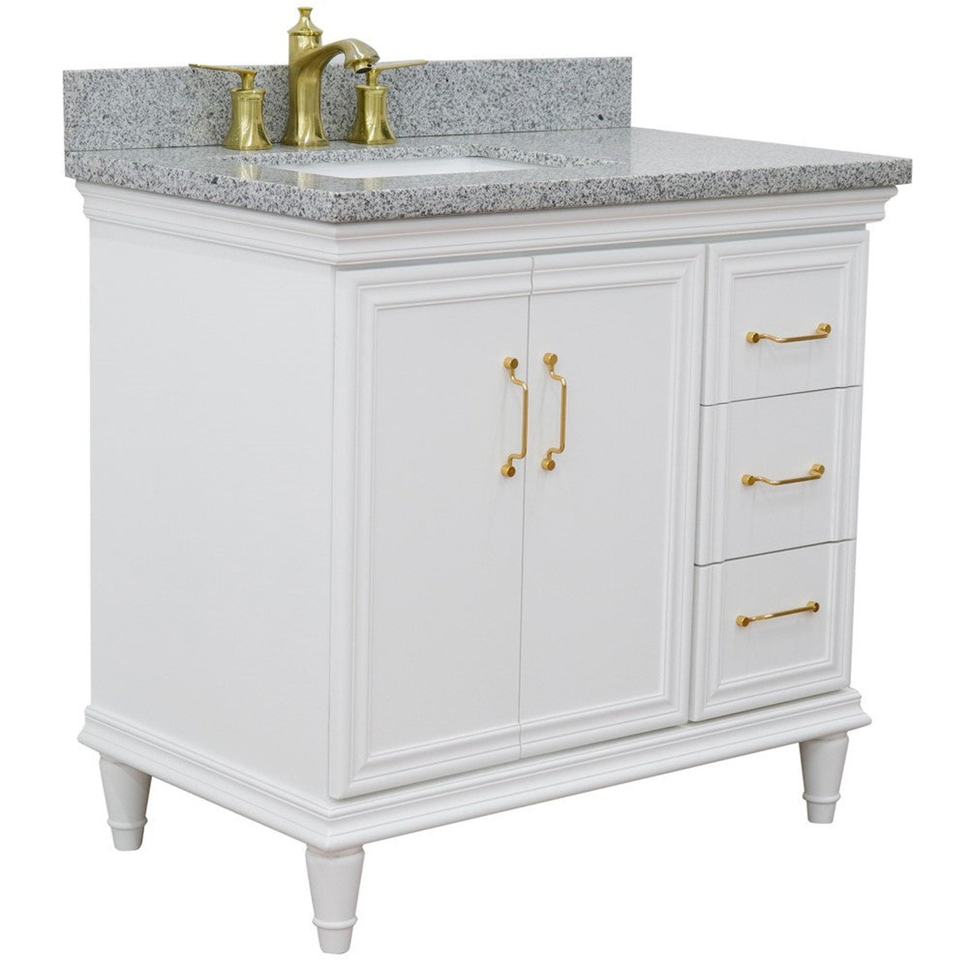 Bellaterra Home Forli 37" 2-Door 3-Drawer White Freestanding Vanity Set With Ceramic Left Offset Undermount Rectangular Sink and Gray Granite Top, and Left Door Cabinet