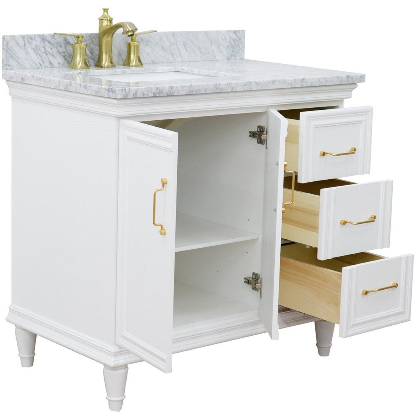 Bellaterra Home Forli 37" 2-Door 3-Drawer White Freestanding Vanity Set With Ceramic Left Offset Undermount Rectangular Sink and White Carrara Marble Top, and Left Door Cabinet