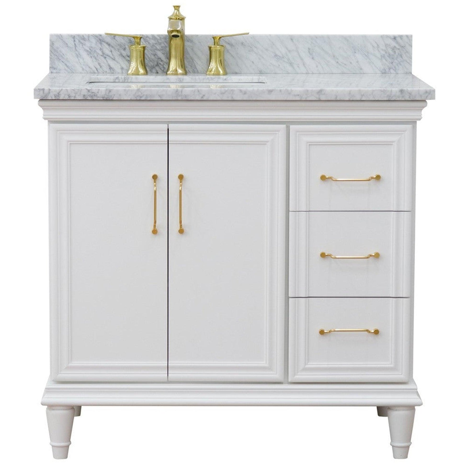 Bellaterra Home Forli 37" 2-Door 3-Drawer White Freestanding Vanity Set With Ceramic Left Offset Undermount Rectangular Sink and White Carrara Marble Top, and Left Door Cabinet