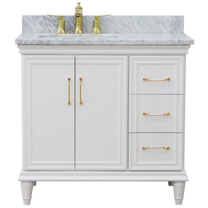 Bellaterra Home Forli 37" 2-Door 3-Drawer White Freestanding Vanity Set With Ceramic Left Offset Undermount Rectangular Sink and White Carrara Marble Top, and Left Door Cabinet