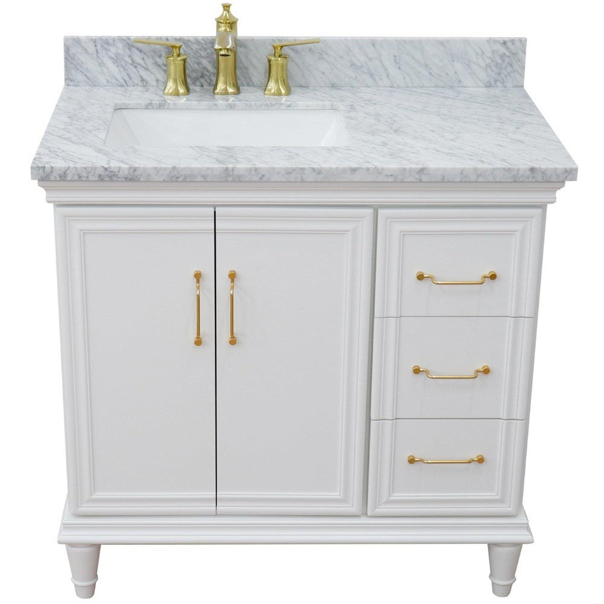 Bellaterra Home Forli 37" 2-Door 3-Drawer White Freestanding Vanity Set With Ceramic Left Offset Undermount Rectangular Sink and White Carrara Marble Top, and Left Door Cabinet