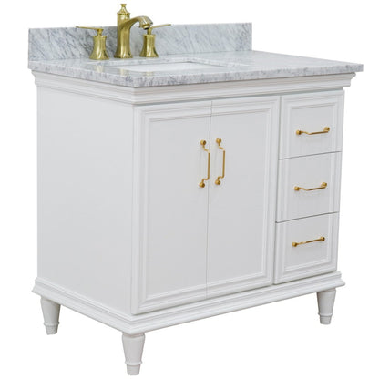 Bellaterra Home Forli 37" 2-Door 3-Drawer White Freestanding Vanity Set With Ceramic Left Offset Undermount Rectangular Sink and White Carrara Marble Top, and Left Door Cabinet