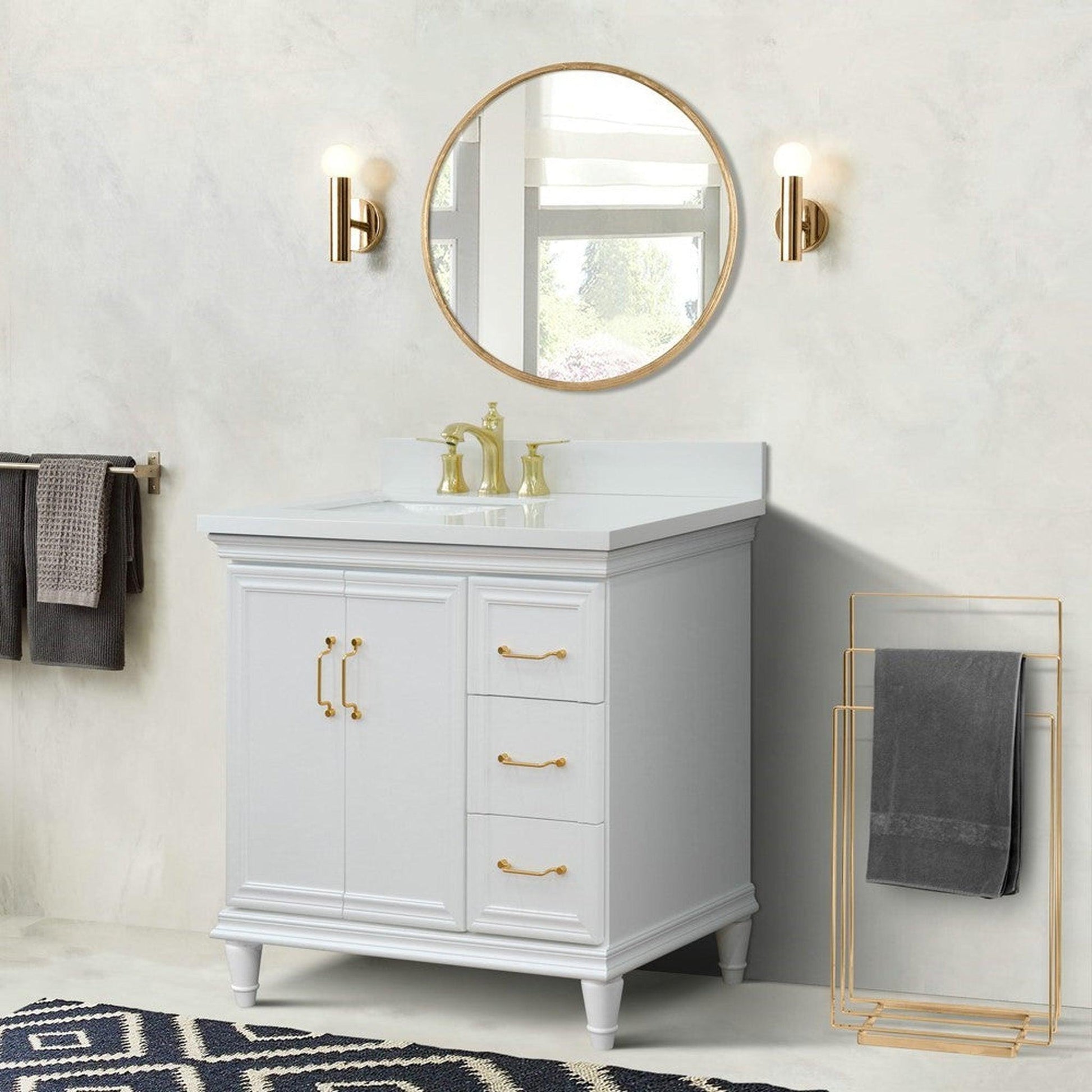 Bellaterra Home Forli 37" 2-Door 3-Drawer White Freestanding Vanity Set With Ceramic Left Offset Undermount Rectangular Sink and White Quartz Top, and Left Door Cabinet