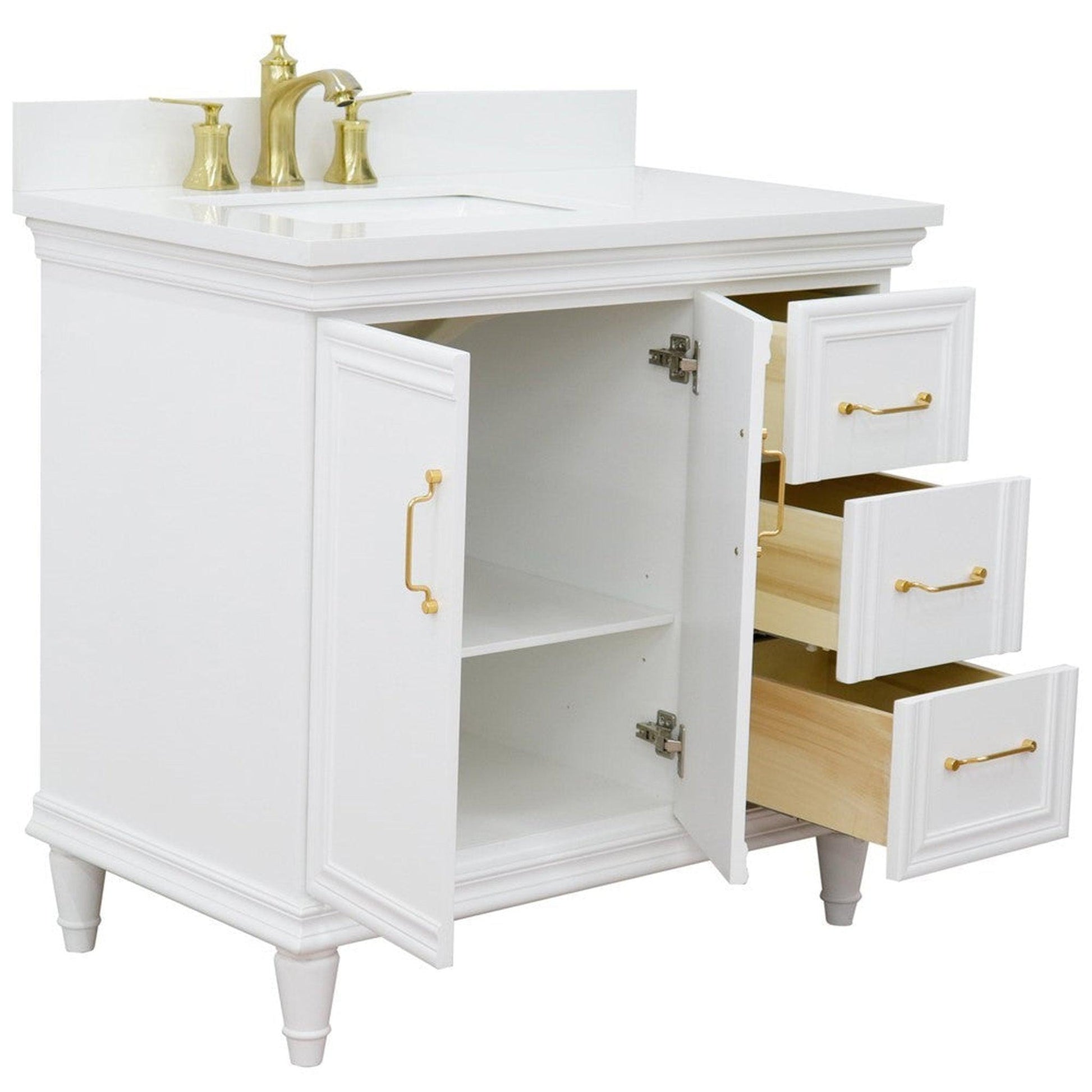 Bellaterra Home Forli 37" 2-Door 3-Drawer White Freestanding Vanity Set With Ceramic Left Offset Undermount Rectangular Sink and White Quartz Top, and Left Door Cabinet