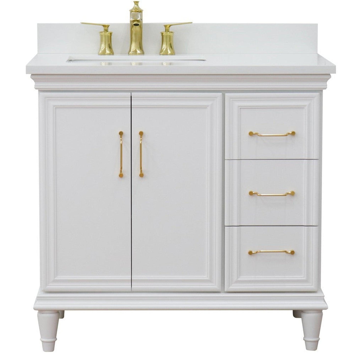 Bellaterra Home Forli 37" 2-Door 3-Drawer White Freestanding Vanity Set With Ceramic Left Offset Undermount Rectangular Sink and White Quartz Top, and Left Door Cabinet