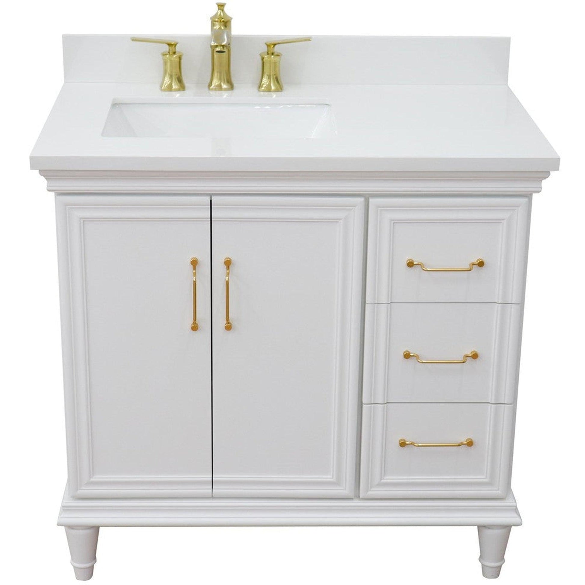 Bellaterra Home Forli 37" 2-Door 3-Drawer White Freestanding Vanity Set With Ceramic Left Offset Undermount Rectangular Sink and White Quartz Top, and Left Door Cabinet