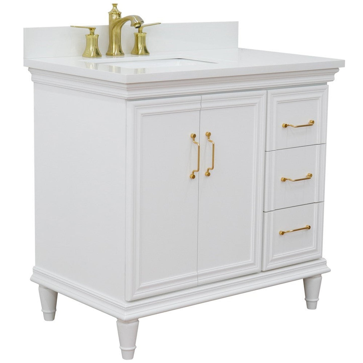 Bellaterra Home Forli 37" 2-Door 3-Drawer White Freestanding Vanity Set With Ceramic Left Offset Undermount Rectangular Sink and White Quartz Top, and Left Door Cabinet