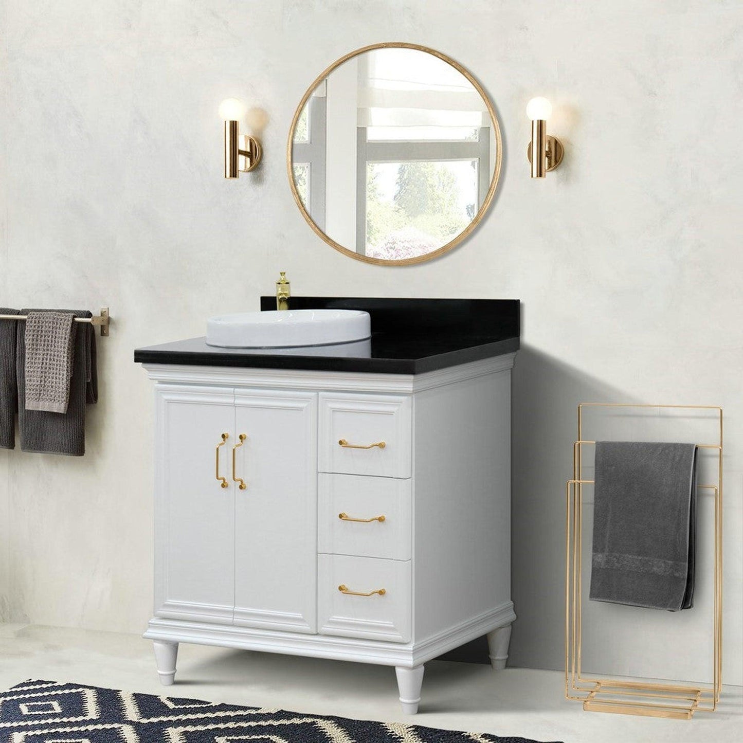Bellaterra Home Forli 37" 2-Door 3-Drawer White Freestanding Vanity Set With Ceramic Left Offset Vessel Sink and Black Galaxy Granite Top, and Left Door Cabinet
