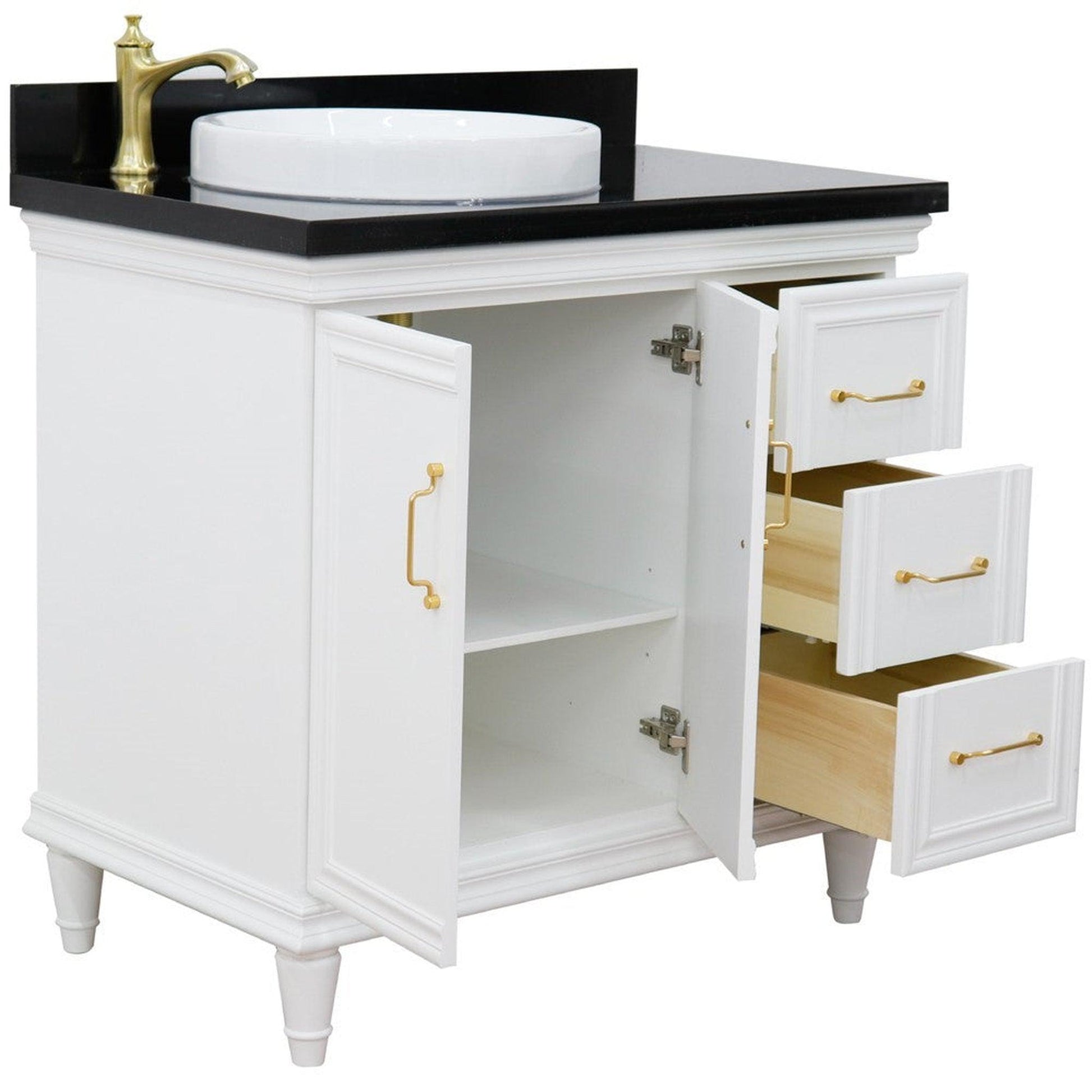 Bellaterra Home Forli 37" 2-Door 3-Drawer White Freestanding Vanity Set With Ceramic Left Offset Vessel Sink and Black Galaxy Granite Top, and Left Door Cabinet