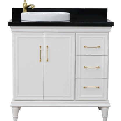 Bellaterra Home Forli 37" 2-Door 3-Drawer White Freestanding Vanity Set With Ceramic Left Offset Vessel Sink and Black Galaxy Granite Top, and Left Door Cabinet