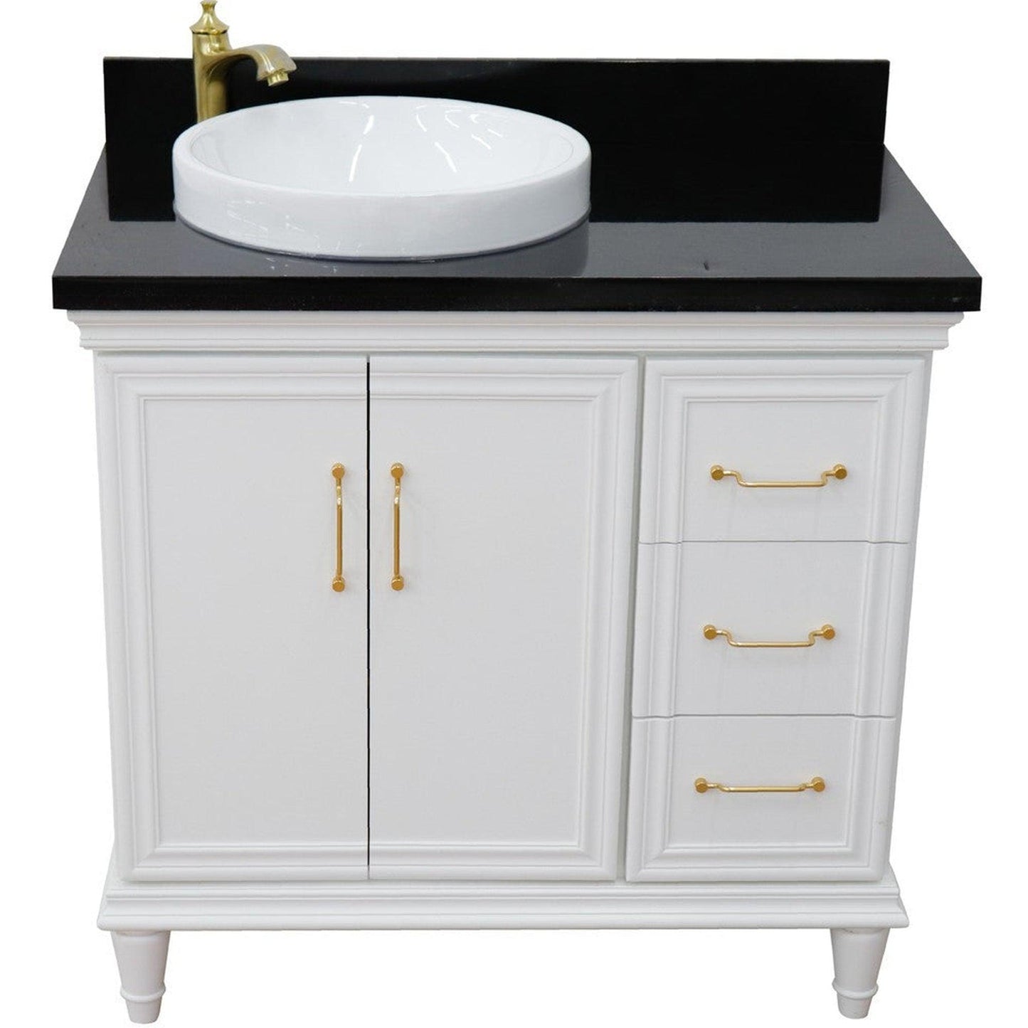 Bellaterra Home Forli 37" 2-Door 3-Drawer White Freestanding Vanity Set With Ceramic Left Offset Vessel Sink and Black Galaxy Granite Top, and Left Door Cabinet