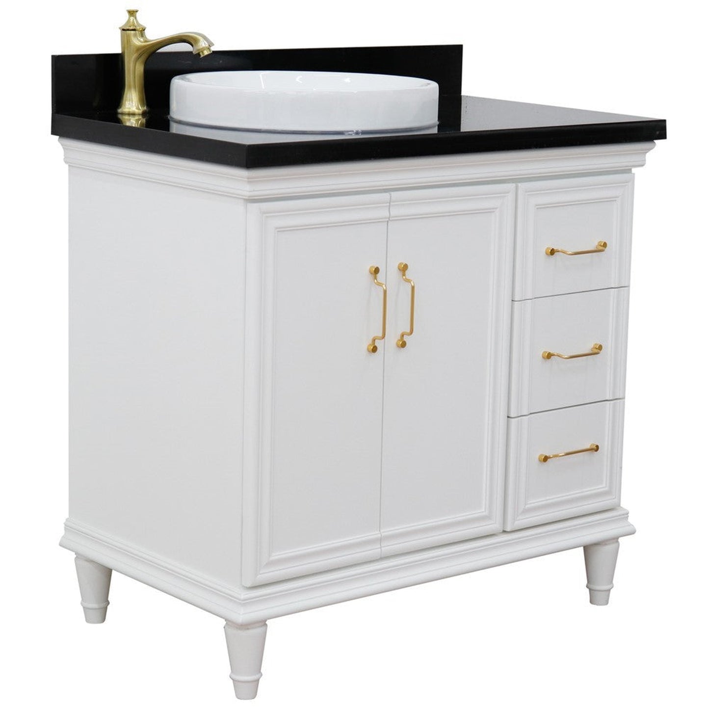 Bellaterra Home Forli 37" 2-Door 3-Drawer White Freestanding Vanity Set With Ceramic Left Offset Vessel Sink and Black Galaxy Granite Top, and Left Door Cabinet