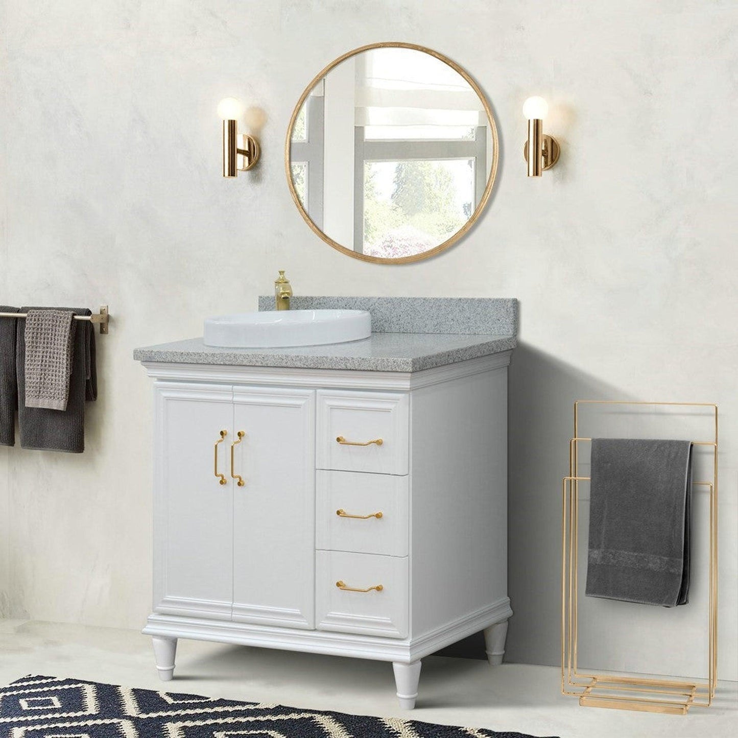 Bellaterra Home Forli 37" 2-Door 3-Drawer White Freestanding Vanity Set With Ceramic Left Offset Vessel Sink and Gray Granite Top, and Left Door Cabinet