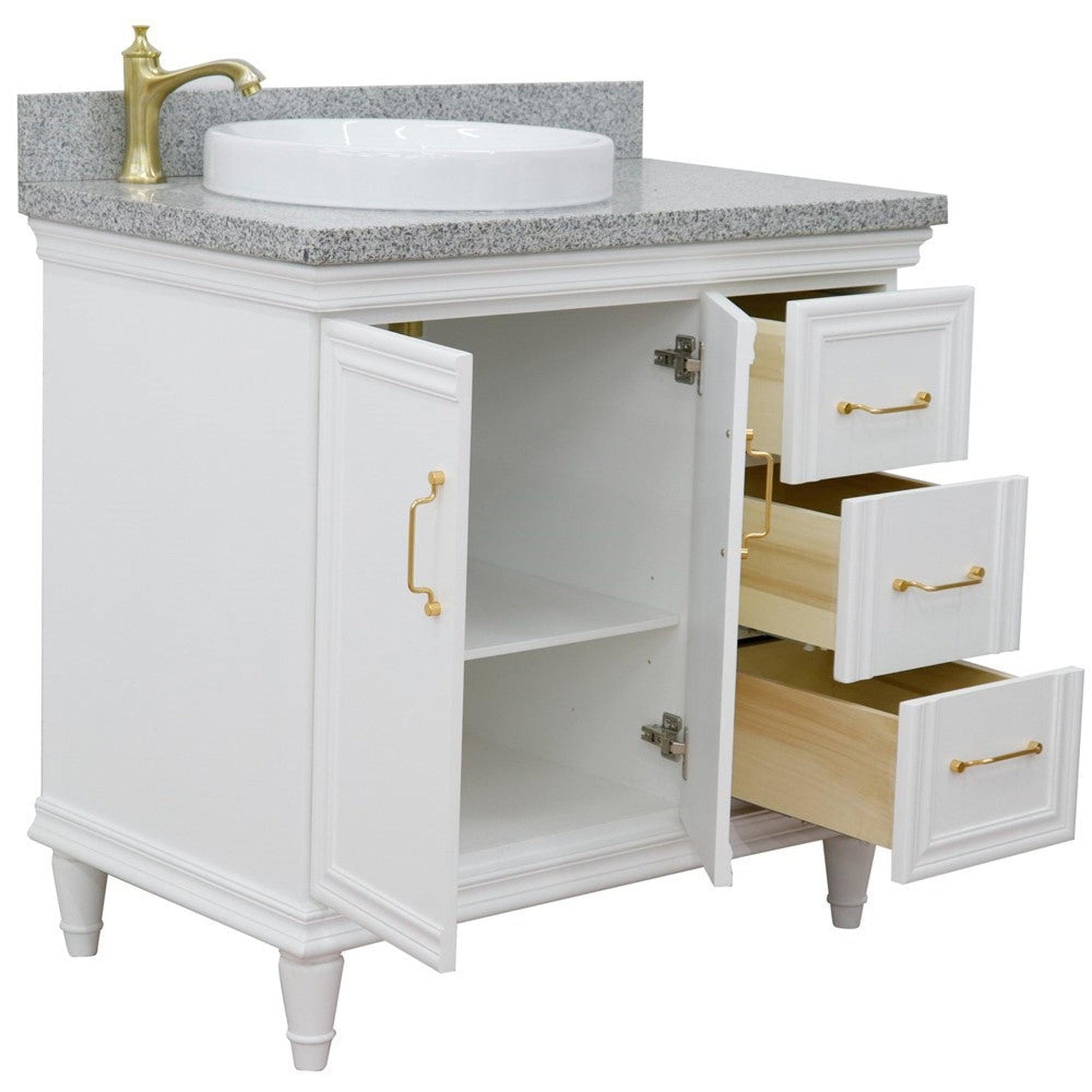 Bellaterra Home Forli 37" 2-Door 3-Drawer White Freestanding Vanity Set With Ceramic Left Offset Vessel Sink and Gray Granite Top, and Left Door Cabinet