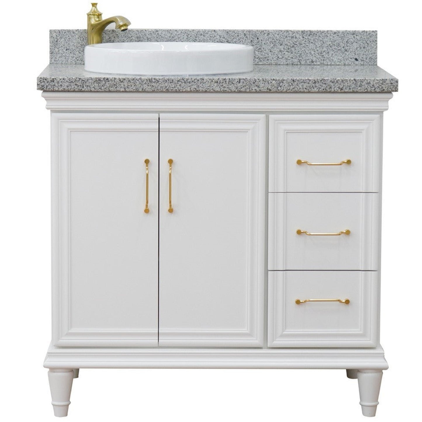 Bellaterra Home Forli 37" 2-Door 3-Drawer White Freestanding Vanity Set With Ceramic Left Offset Vessel Sink and Gray Granite Top, and Left Door Cabinet
