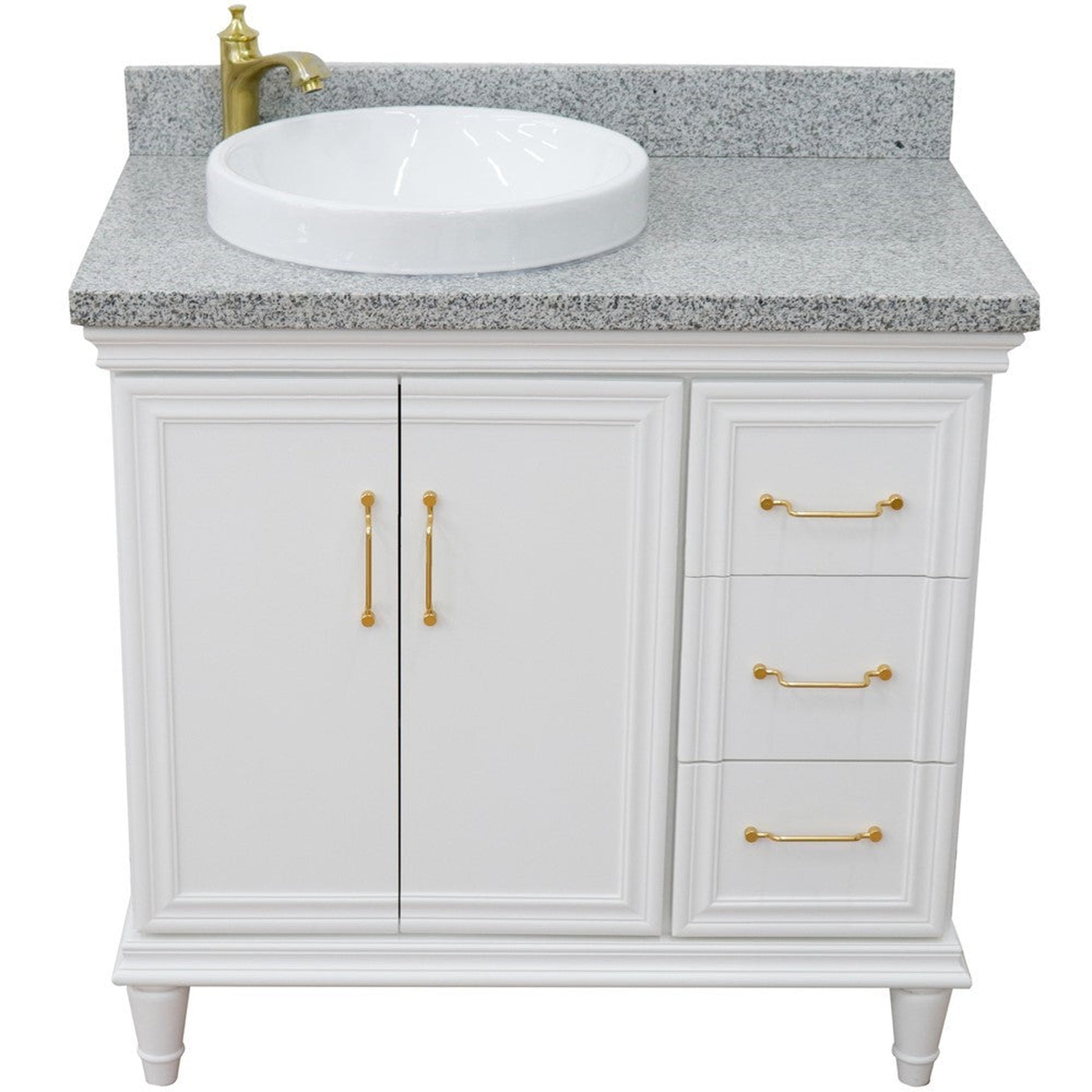 Bellaterra Home Forli 37" 2-Door 3-Drawer White Freestanding Vanity Set With Ceramic Left Offset Vessel Sink and Gray Granite Top, and Left Door Cabinet