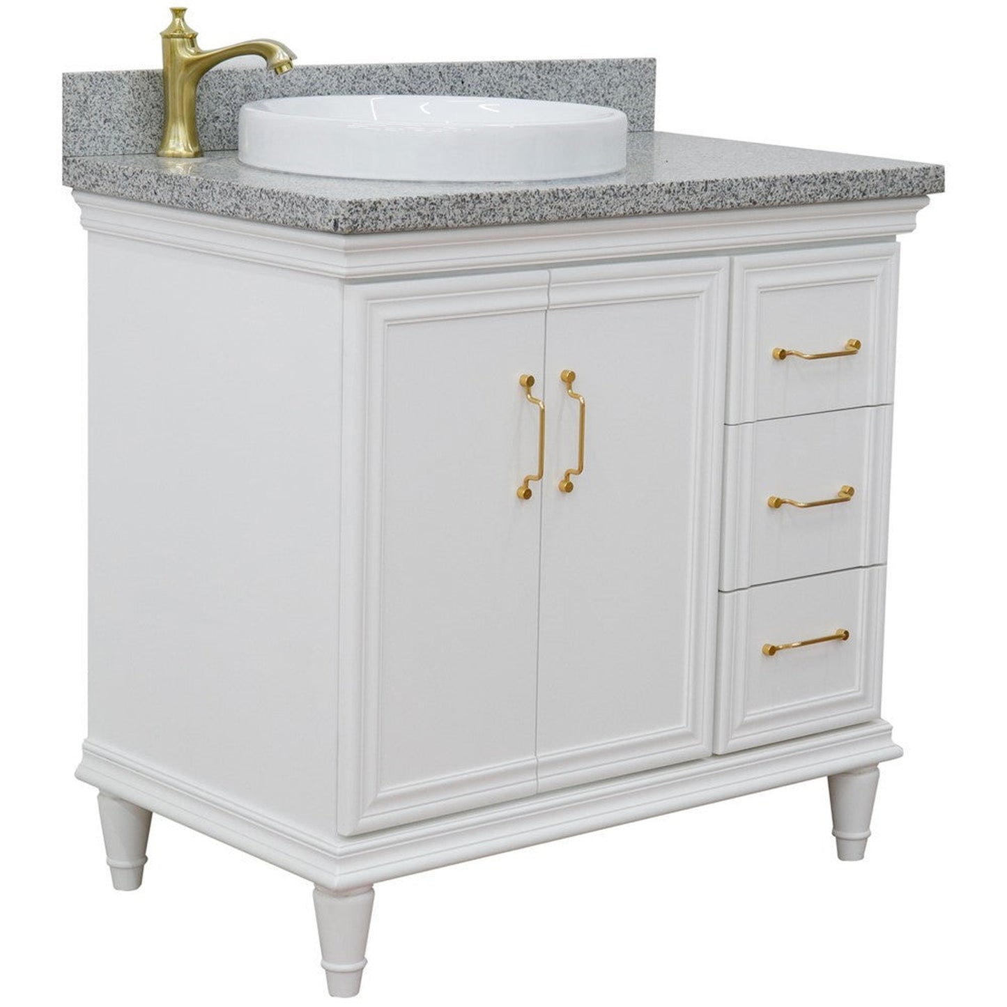 Bellaterra Home Forli 37" 2-Door 3-Drawer White Freestanding Vanity Set With Ceramic Left Offset Vessel Sink and Gray Granite Top, and Left Door Cabinet