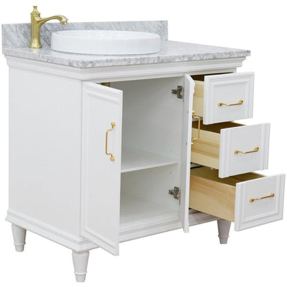 Bellaterra Home Forli 37" 2-Door 3-Drawer White Freestanding Vanity Set With Ceramic Left Offset Vessel Sink and White Carrara Marble Top, and Left Door Cabinet