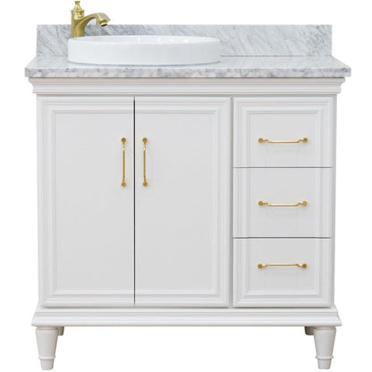 Bellaterra Home Forli 37" 2-Door 3-Drawer White Freestanding Vanity Set With Ceramic Left Offset Vessel Sink and White Carrara Marble Top, and Left Door Cabinet