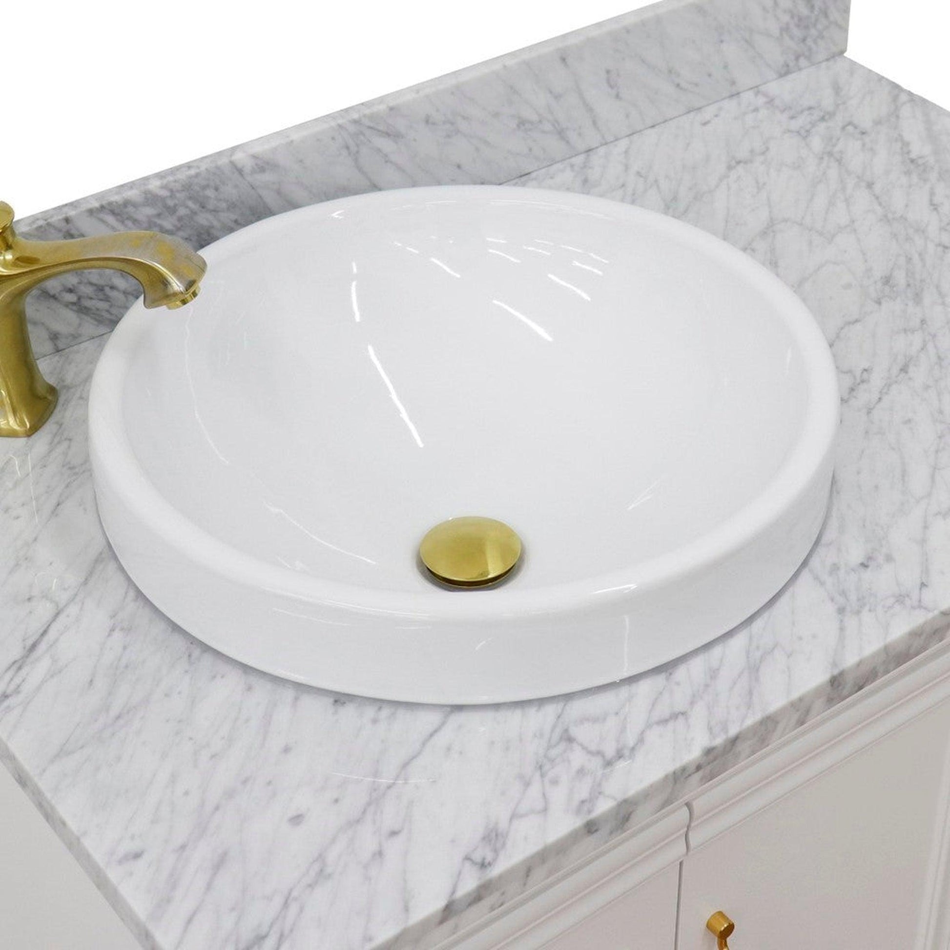 Bellaterra Home Forli 37" 2-Door 3-Drawer White Freestanding Vanity Set With Ceramic Left Offset Vessel Sink and White Carrara Marble Top, and Left Door Cabinet